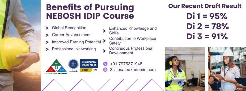 Infographic highlighting the benefits of the NEBOSH IDIP (International Diploma in Occupational Health and Safety) course, featuring icons representing career advancement, global recognition, and expertise in health and safety management.